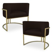 Kit 2 Poltronas Decorativa Luna para Sala Veludo Marrom Base em aço Dourado