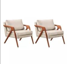 Kit 2 Poltronas Decorativa Mona Luxo Linho Base Madeira