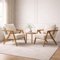 Kit 2 Poltronas Decorativa Mona Luxo Linho Bege e Base Madeira Maciça