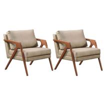 Kit 2 Poltronas Decorativa Mona Luxo Veludo Bege e Base Madeira Maciça