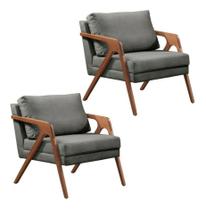 Kit 2 Poltronas Decorativa Mona Madeira Maciça-linho Cinza Kit 2 Poltronas Decorativa Mona Madeira Maciça-linho Cinza