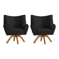 Kit 2 Poltronas Decorativa Nice Prime Veludo Preto Base Giratória em Madeira Maciça