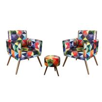 KIT 2 Poltronas Decorativa Nina com 1 Puff Redondo Pés Madeira Suede Triangulo colorido KIT 2 Poltronas Decorativa Nina com 1 Puff Redondo Pés Madeira Suede Triangulo colorido