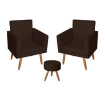 Kit 2 Poltronas Decorativa Nina com Estrutura Madeira Maciça e Puff Sófia Pés Palito Marrom Mafer Kit 2 Poltronas Decorativa Nina com Estrutura Madeira Maciça e Puff Sófia Pés Palito Marrom Mafer