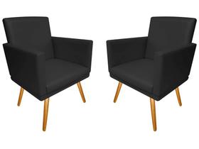 Kit 2 Poltronas Decorativa Nina Couro Preto Pés Madeira Mz Decor