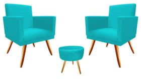 Kit 2 Poltronas Decorativa Nina + Puff Redondo Suede Azul Turquesa Pés Madeira Mz Decor Kit 2 Poltronas Decorativa Nina + Puff Redondo Suede Azul Turquesa Pés Madeira Mz Decor