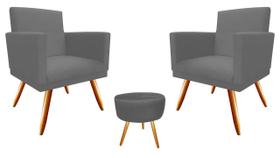 Kit 2 Poltronas Decorativa Nina + Puff Redondo Suede Cinza Pés Madeira Mz Decor Kit 2 Poltronas Decorativa Nina + Puff Redondo Suede Cinza Pés Madeira Mz Decor