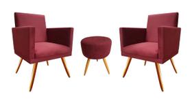 Kit 2 Poltronas Decorativa Nina + Puff Redondo Suede Marsala Pés Madeira Mz Decor Kit 2 Poltronas Decorativa Nina + Puff Redondo Suede Marsala Pés Madeira Mz Decor