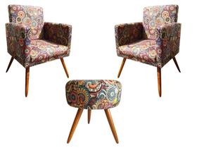 Kit 2 Poltronas Decorativa Nina + Puff Redondo Suede Mosaico Pés Madeira Ms Decor Kit 2 Poltronas Decorativa Nina + Puff Redondo Suede Mosaico Pés Madeira Ms Decor