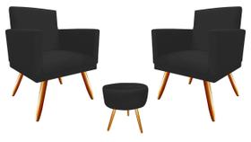 Kit 2 Poltronas Decorativa Nina + Puff Redondo Suede Preto Pés Madeira Mz Decor Kit 2 Poltronas Decorativa Nina + Puff Redondo Suede Preto Pés Madeira Mz Decor