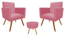 Kit 2 Poltronas Decorativa Nina + Puff Redondo Suede Rosa Pés Madeira Mz Decor Kit 2 Poltronas Decorativa Nina + Puff Redondo Suede Rosa Pés Madeira Mz Decor