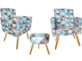 Kit 2 Poltronas Decorativa Nina + Puff Redondo Suede Triângulo Azul Pés Madeira Ms Decor