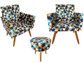 Kit 2 Poltronas Decorativa Nina + Puff Redondo Suede Triângulo Laranja Pés Madeira Ms Decor