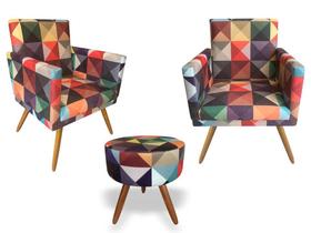 Kit 2 Poltronas Decorativa Nina + Puff Redondo Suede Triângulo Pés Madeira Ms Decor