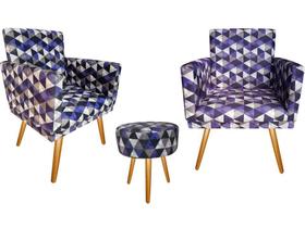 Kit 2 Poltronas Decorativa Nina + Puff Redondo Suede Triângulo Roxo Pés Madeira Ms Decor