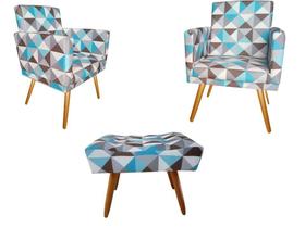 Kit 2 Poltronas Decorativa Nina + Puff Retangular Suede Triângulo Azul Pés Madeira Ms Decor Kit 2 Poltronas Decorativa Nina + Puff Retangular Suede Triângulo Azul Pés Madeira Ms Decor