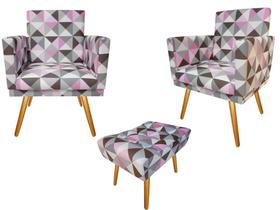 Kit 2 Poltronas Decorativa Nina + Puff Retangular Suede Triângulo Rosa Pés Madeira Ms Decor