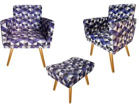 Kit 2 Poltronas Decorativa Nina + Puff Retangular Suede Triângulo Roxo Pés Madeira Ms Decor