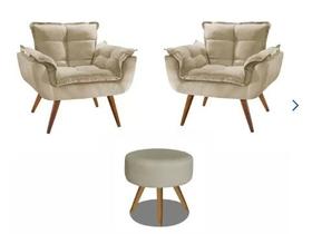 Kit 2 Poltronas Decorativa Opala com Puff Redondo Suede Bege - Twdecora