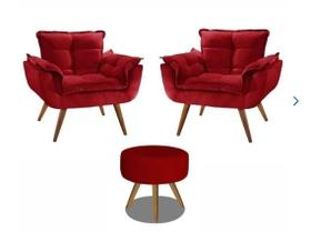 Kit 2 Poltronas Decorativa Opala com Puff Redondo Suede Vermelho - Twdecora