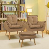 Kit 2 Poltronas Decorativa Opala Pés Palito Suede com Puff Porto Decor