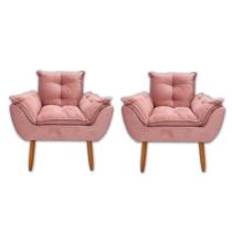 Kit 2 Poltronas Decorativa Opala Pés Palito Suede Rosa - Tenda House