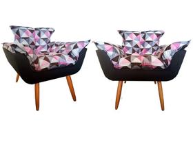 Kit 2 Poltronas Decorativa Opala Suede Composê Triângulo Rosa Pés Madeira Ms Decor