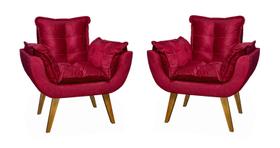 Kit 2 Poltronas Decorativa Opala Vermelho Bordô Assento De Pillow