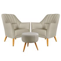 Kit 2 Poltronas Decorativa Orion Bordada com Puff Solar Couro Bege Aradecor Kit 2 Poltronas Decorativa Orion Bordada com Puff Solar Couro Bege Aradecor