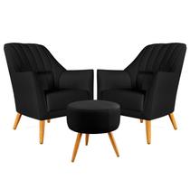 Kit 2 Poltronas Decorativa Orion Bordada com Puff Solar Couro Preto Aradecor