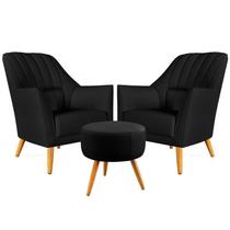 Kit 2 Poltronas Decorativa Orion Bordada com Puff Solar Sued Preto Aradecor
