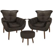 Kit 2 Poltronas Decorativa Parana com Puff Redondo Suede