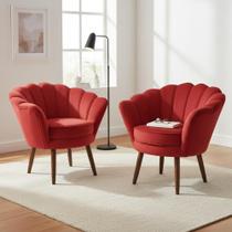 Kit 2 Poltronas Decorativa Pétala Couro Vermelho Pés Madeira Mz Decor