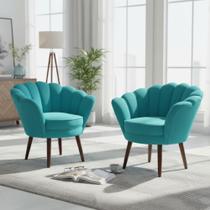 Kit 2 Poltronas Decorativa Pétala Suede Azul Turquesa Pés Madeira Mz Decor
