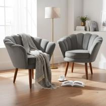Kit 2 Poltronas Decorativa Pétala Suede Cinza Pés Madeira Mz Decor