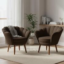 Kit 2 Poltronas Decorativa Pétala Suede Marrom Pés Madeira Mz Decor