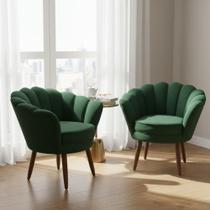 Kit 2 Poltronas Decorativa Pétala Suede Verde Pés Madeira Mz Decor