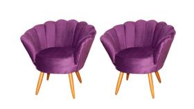 Kit 2 Poltronas Decorativa Pétala Veludo Roxo Pés Madeira Ms Decor