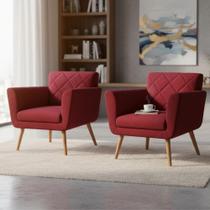 Kit 2 Poltronas Decorativa Sabrina Suede Vermelho Pés Madeira Ms Decor