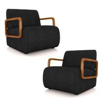 Kit 2 Poltronas Decorativa Sala de Estar Odessa Braços em Madeira PU Preto G33 - Gran Belo