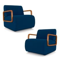 Kit 2 Poltronas Decorativa Sala de Estar Odessa Braços em Madeira Veludo Azul G33 - Gran Belo Kit 2 Poltronas Decorativa Sala de Estar Odessa Braços em Madeira Veludo Azul G33 - Gran Belo