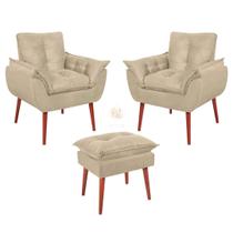 Kit 2 Poltronas Decorativas 1 Puff Decorativo Vit Decor Suede Conforto Elegância e Pés Palito