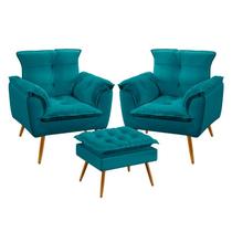 Kit 2 Poltronas Decorativas Beta com Puff Lunar Sued Azul Turquesa Aradecor Kit 2 Poltronas Decorativas Beta com Puff Lunar Sued Azul Turquesa Aradecor
