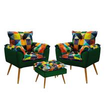Kit 2 Poltronas Decorativas Beta com Puff Lunar Sued Estampado Colorido com Verde Aradecor