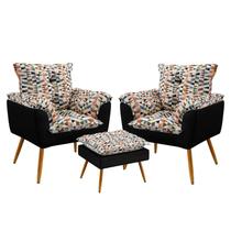 Kit 2 Poltronas Decorativas Beta com Puff Lunar Sued Estampado Laranja com Preto Aradecor