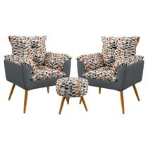 Kit 2 Poltronas Decorativas Beta com Puff Solar Sued Estampado Laranja com Cinza Aradecor Kit 2 Poltronas Decorativas Beta com Puff Solar Sued Estampado Laranja com Cinza Aradecor