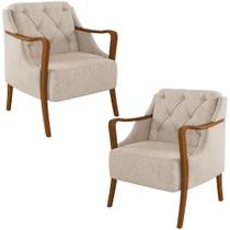 Kit 2 Poltronas Decorativas Braços em Madeira Hand Linho Bege G45 - Gran Belo Kit 2 Poltronas Decorativas Braços em Madeira Hand Linho Bege G45 - Gran Belo