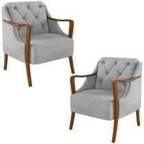 Kit 2 Poltronas Decorativas Braços em Madeira Hand Veludo Cinza G45 - Gran Belo Kit 2 Poltronas Decorativas Braços em Madeira Hand Veludo Cinza G45 - Gran Belo