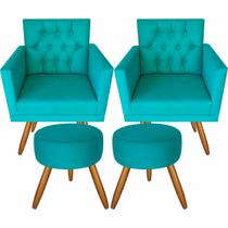 Kit 2 Poltronas Decorativas Capitonê E 2 Puffs Azul Turqueza