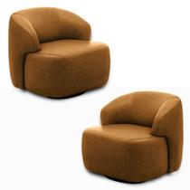 Kit 2 Poltronas Decorativas Charlote Sala de Estar Base Giratória em Aço Couro Caramelo Manchado G88 - Gran Belo